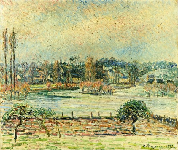 View of Bazincourt, Flood, Morning Effect by Camille Pissarro - Hand-Painted Oil Painting Reproduction