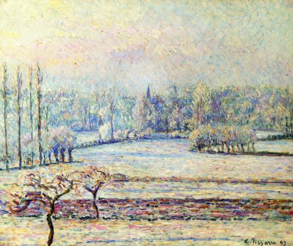 View of Bazincourt, Frost, Morning by Camille Pissarro - Hand-Painted Oil Painting Reproduction