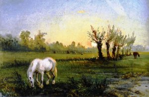 White Horse in a Meadow Oil painting by Camille Pissarro