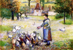 Woman Distributing Grain to the Chickens, Farm in Bazincourt by Camille Pissarro - Oil Painting Reproduction