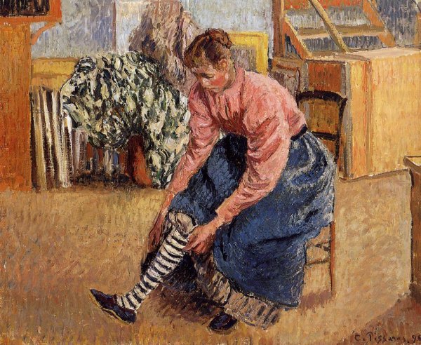 Main Product Photo of Woman Putting on Her Stockings Painting by Camille Pissarro