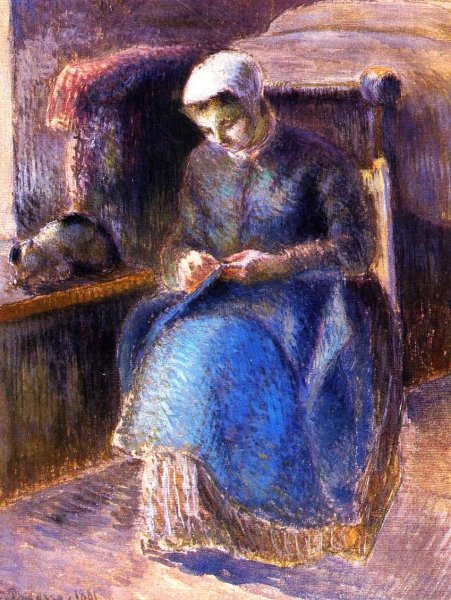 Main Product Photo of Woman Sewing Painting by Camille Pissarro
