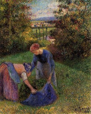 Women Gathering Grass Oil painting by Camille Pissarro