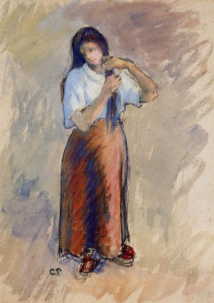 Young Woman Knotting Her Hair by Camille Pissarro - Hand-Painted Oil Painting Reproduction