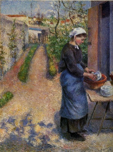 Young Woman Washing Plates by Camille Pissarro - Hand-Painted Oil Painting Reproduction