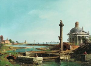 A Lock, a Column, and a Church beside a Lagoon by Canaletto Oil Painting