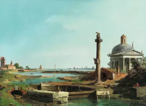 A Lock, a Column, and a Church beside a Lagoon by Canaletto Oil Painting