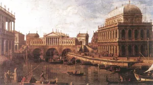 Capriccio: a Palladian Design for the Rialto Bridge, with Buildings at Vicenza by Canaletto - Oil Painting Reproduction