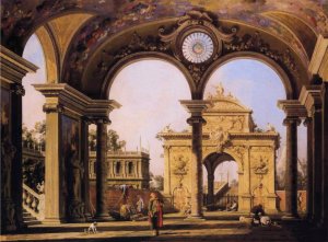 Capriccio of a Renaissance Triumphal Arch seen from the Portico of a Palace by Canaletto Oil Painting