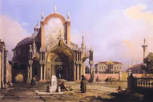 Capriccio of a Round Church with an Elaborate Gothic Portico in a Piazza, a Palladian Piazza and a Gothic Church Beyond by Canaletto - Oil Painting Reproduction
