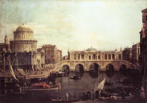 Capriccio: The Grand Canal, with an Imaginary Rialto Bridge and Other Buildings painting by Canaletto