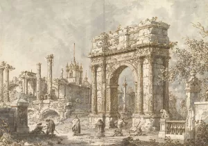 Capriccio with a Roman Triumphal Arch by Canaletto Oil Painting