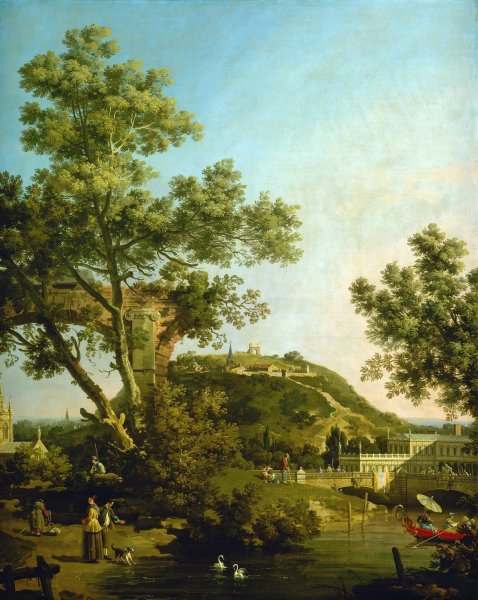 English Landscape Capriccio with a Palace  by Canaletto - Hand-Painted Oil Painting Reproduction