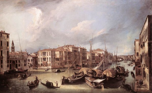 Grand Canal: Looking North-East toward the Rialto Bridge by Canaletto - Hand-Painted Oil Painting Reproduction