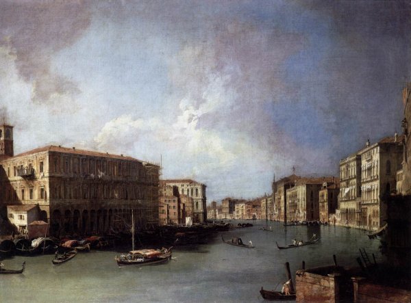 Grand Canal: Looking North from Near the Rialto Bridge by Canaletto - Hand-Painted Oil Painting Reproduction
