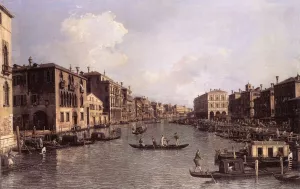 Grand Canal: Looking South-East from the Campo Santa Sophia to the Rialto Bridge by Canaletto - Oil Painting Reproduction