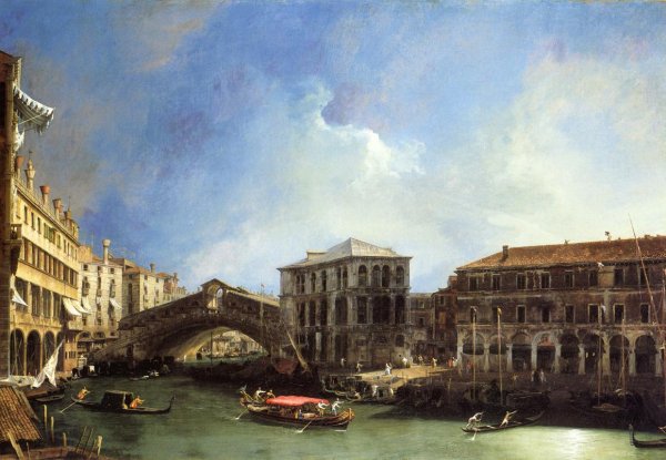 Grand Canal: the Rialto Bridge from the North by Canaletto - Hand-Painted Oil Painting Reproduction