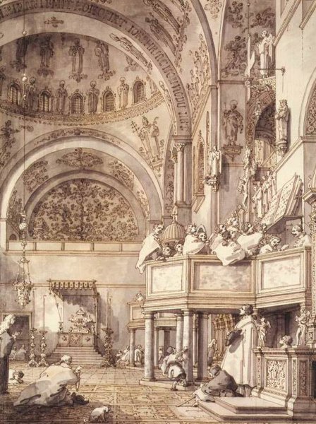 San Marco: the Crossing and North Transept, with Musicians Singing by Canaletto - Hand-Painted Oil Painting Reproduction