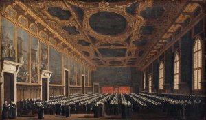 The Doge And Grand Council In Sala Del Maggior Consiglio by Canaletto Oil Painting