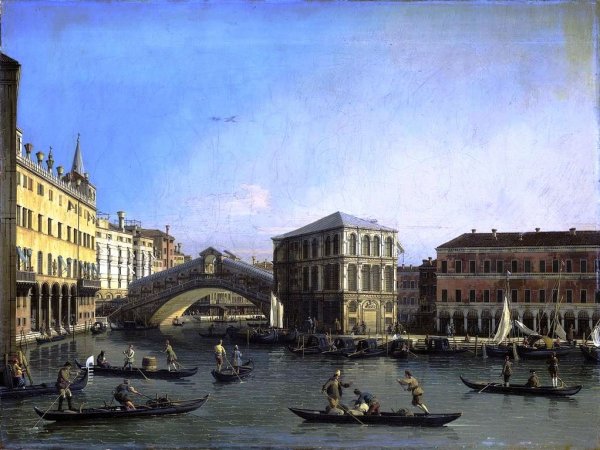 The Grand Canal with the Rialto Bridge and Fondaco dei Tedeschi by Canaletto - Hand-Painted Oil Painting Reproduction