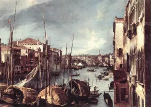 The Grand Canal with the Rialto Bridge in the Background Detail by Canaletto - Oil Painting Reproduction