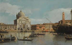 Venice, A View Of The Churches Of The Redentore And San Giacomo, With A Moored Man-Of-War, Gondolas And Barges Oil painting by Canaletto