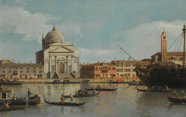 Venice, A View Of The Churches Of The Redentore And San Giacomo, With A Moored Man-Of-War, Gondolas And Barges by Canaletto - Hand-Painted Oil Painting Reproduction