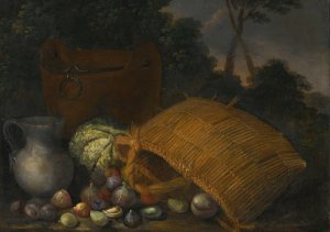 An overturned basket with fruit and vegetables by Candido Vitali Oil Painting