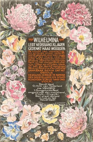 Affiche ter gelegenheid van het veertigjarig regeringsjubileum van koningin Wilhelmina der Nederlanden by Carel Adolph Lion Cachet Oil Painting