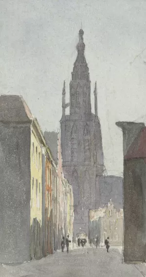 Straatgezicht met doorkijk op de Grote Kerk te Breda Oil painting by Carel Jacobus Behr