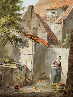 Binnenplaats met een dienstmeid die schoonmaakt by Carel Lodewijk Hansen Oil Painting