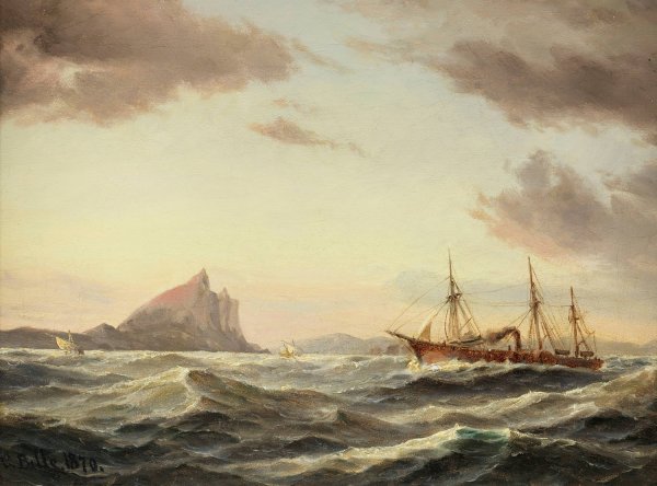 Dampfschiff vor dem Fels von Gibraltar  by Carl Bille - Hand-Painted Oil Painting Reproduction