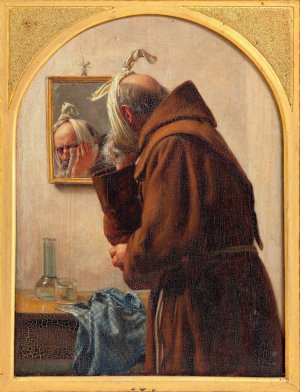 A monk examines himself in a mirror by Carl Bloch Oil Painting