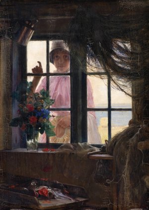 After the Bath. A Young Girl Knocking at the Fisherman's Window by Carl Bloch Oil Painting