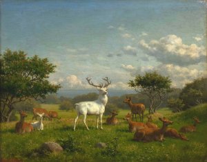 A white stag with its pack by Carl Bogh Oil Painting