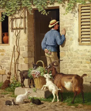 En ung mand kommer med blomster og grontsager til sin udkarne Oil painting by Carl Bogh