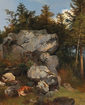 Burde Fuchs mit Beute in felsiger Landschaft Oil painting by Carl Borromaus Andreas Ruthart