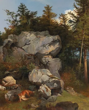 Burde Fuchs mit Beute in felsiger Landschaft by Carl Borromaus Andreas Ruthart Oil Painting