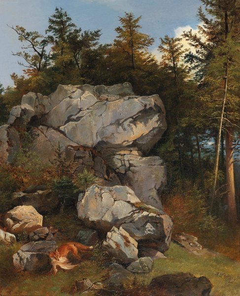 Burde Fuchs mit Beute in felsiger Landschaft  by Carl Borromaus Andreas Ruthart - Hand-Painted Oil Painting Reproduction
