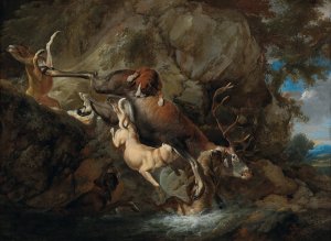 Dogs attacking a stag by Carl Borromaus Andreas Ruthart Oil Painting
