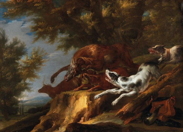 Hounds chasing a stag by Carl Borromaus Andreas Ruthart - Hand-Painted Oil Painting Reproduction