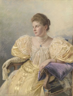 Portrat einer eleganten Dame in gelbem Kleid by Carl Bunzl Oil Painting