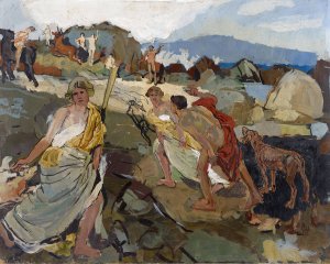 Amazons And Hunters At The Seaside by Carl Burckhardt Oil Painting