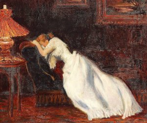 Interior med pige pa en sofa by Carl Carlsen Oil Painting