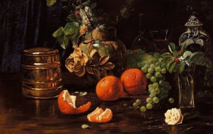 Opstilling med appelsiner, druer, blomster og forskellige krukker by Carl Carlsen Oil Painting