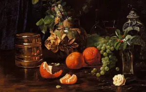 Opstilling med appelsiner, druer, blomster og forskellige krukker by Carl Carlsen Oil Painting