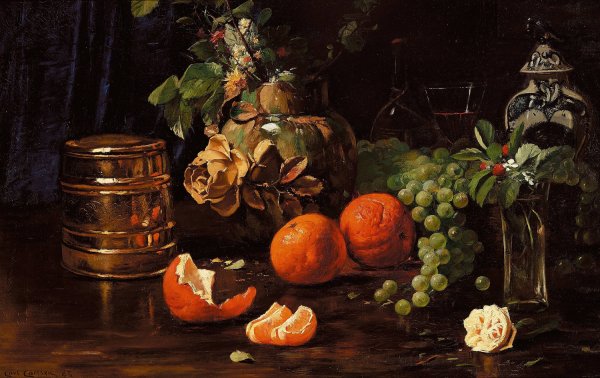 Main Product Photo of Opstilling med appelsiner, druer, blomster og forskellige krukker  Painting by Carl Carlsen