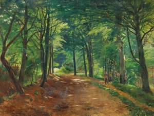 Sommerdag i skoven med to born pa en sti by Carl Carlsen Oil Painting