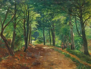 Sommerdag i skoven med to born pa en sti by Carl Carlsen Oil Painting