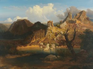 Landscape with rugged cliffs and mountain lake Oil painting by Carl Dahl